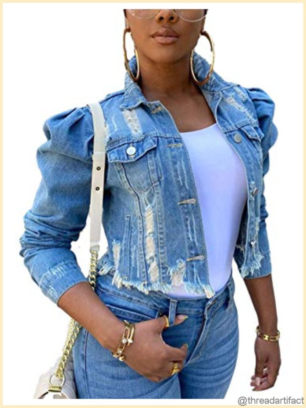Omoone Puff Sleeve Denim Crop Top Frayed Hem Jean Jacket
